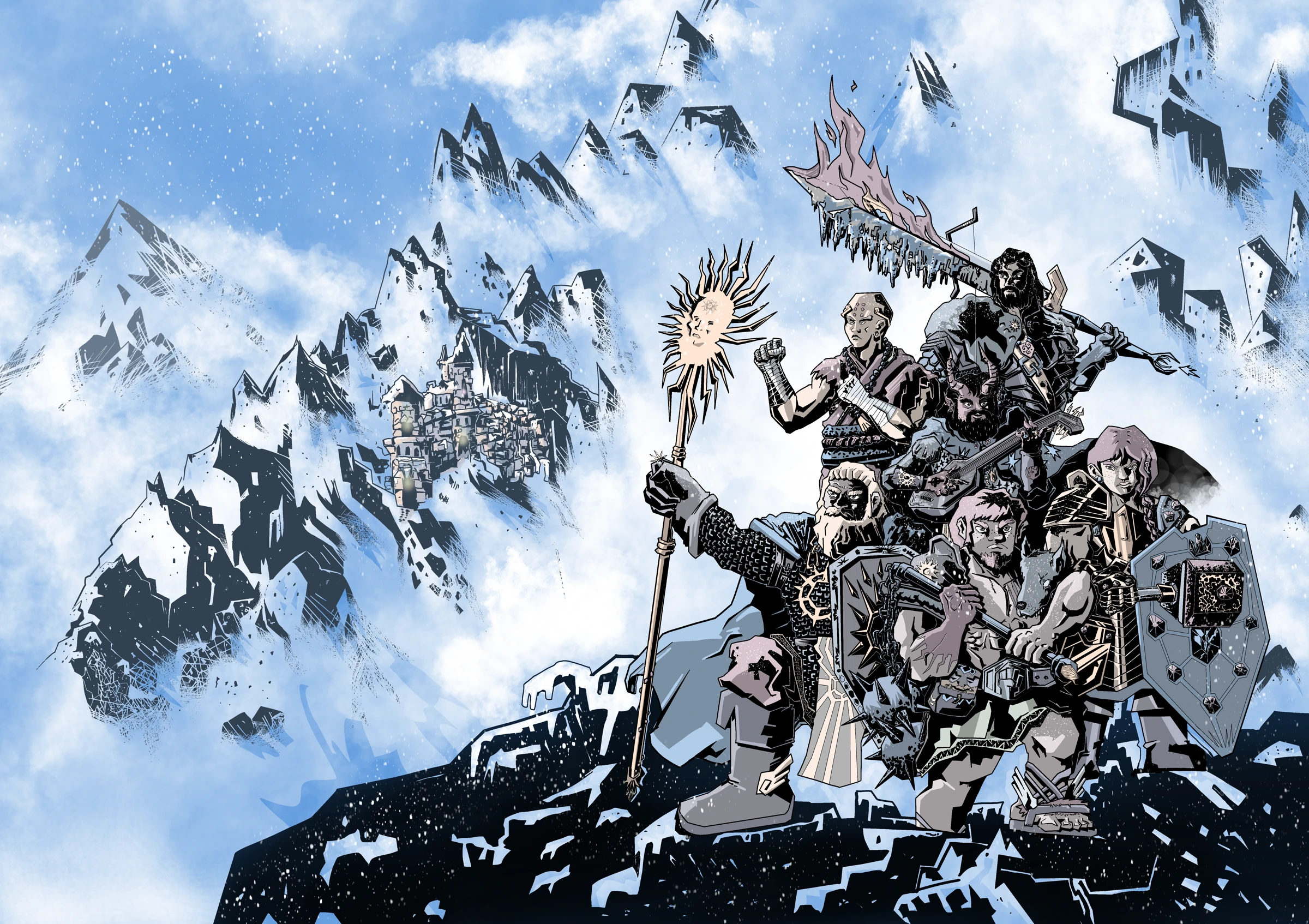Arte do acervo RPG Sem Plano: um grupo de aventureiros diante de montanhas nevadas e uma fortaleza.